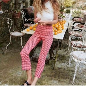 Zara Gingham Pants S Red White Plaid Mini Kick Flare Ankle Slit Pockets Trousers